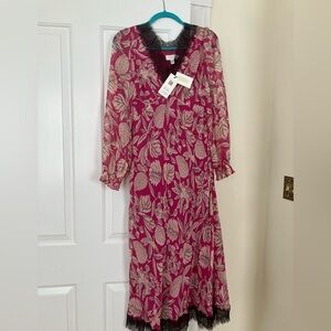 NWT Ted Baker Izobele pink floral long sleeve lace trim midi dress